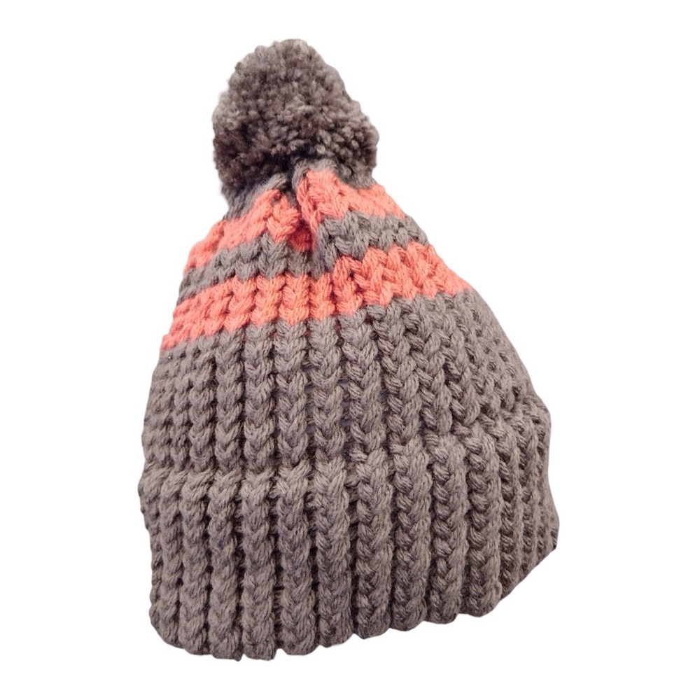 HANDMADE Knit Taupe Brown and Salmon Orange Pom Pom Beanie Hat OS Womens Ladies…